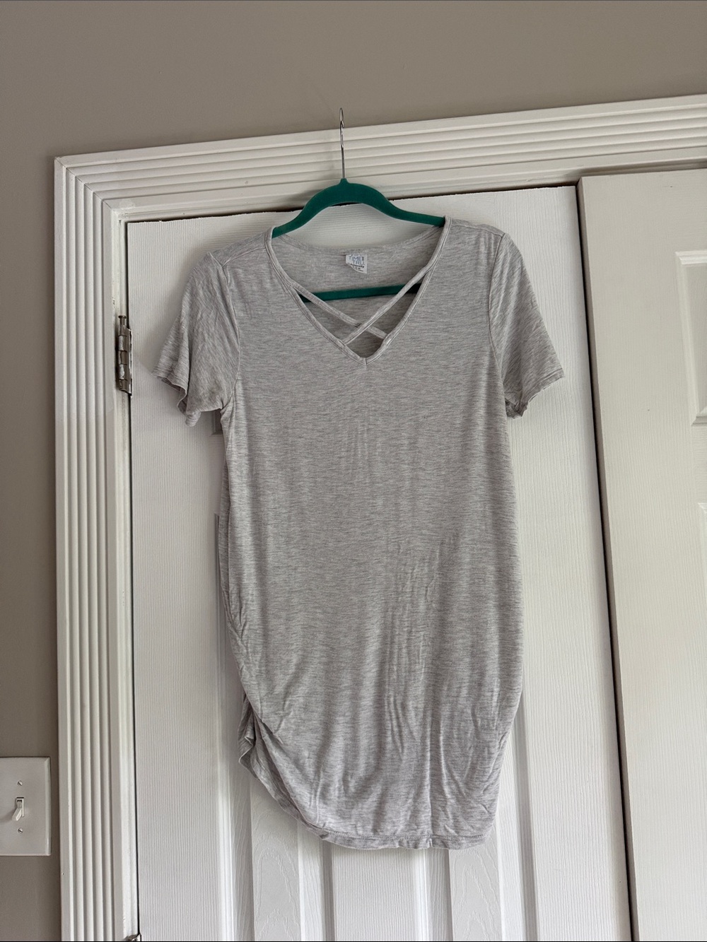 Time and Tru Light Gray Maternity Tee with Crisscross Detail